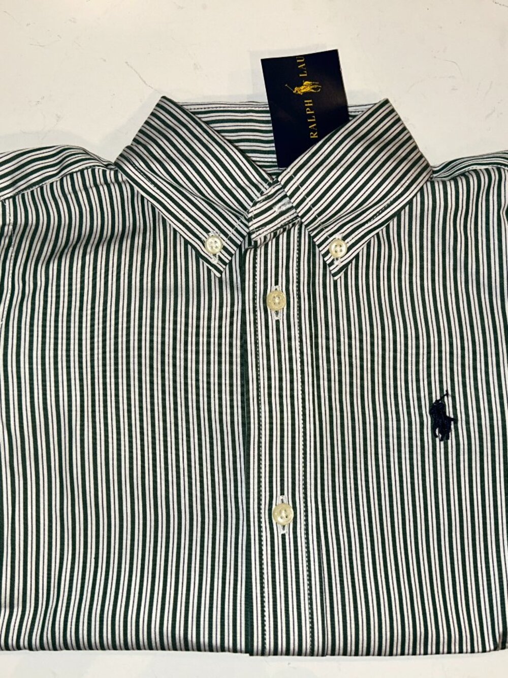 Ralph Lauren Toddler Boys 3/3T Green White Stripe Button Down Shirt, Logo, NWT